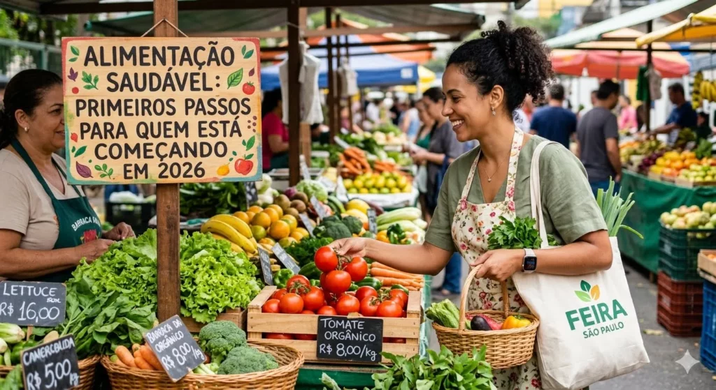 Alimentação saudável: Mulher sorridente escolhe tomates em uma feira livre ao lado de uma placa de madeira escrita "Alimentação Saudável: Primeiros Passos Para Quem Está Começando em 2026".