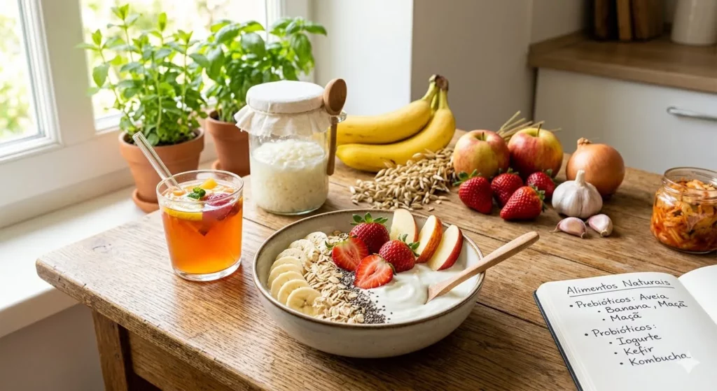 Alimentos Naturais Ricos em Prebióticos e Probióticos para o Dia a Dia em 2026 Tigela com iogurte, morango, banana e aveia em mesa de madeira ao lado de copos de kombucha, pote de kefir, frutas e caderno com anotações sobre prebióticos.