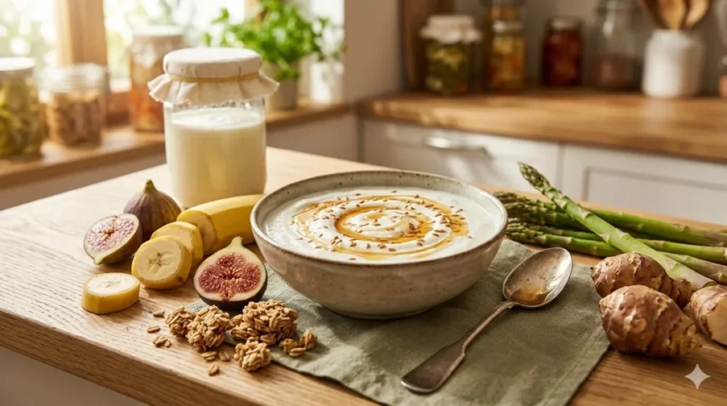 Mesa de madeira com uma tigela de iogurte e mel, fatias de banana, figos, aveia e aspargos frescos, exemplificando alimentos prebióticos que complementam o kefir de leite ao fundo.