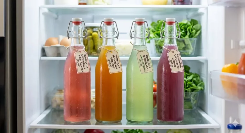Quatro garrafas de vidro com kombucha saborizada colorida organizadas em uma prateleira limpa dentro de uma geladeira iluminada.