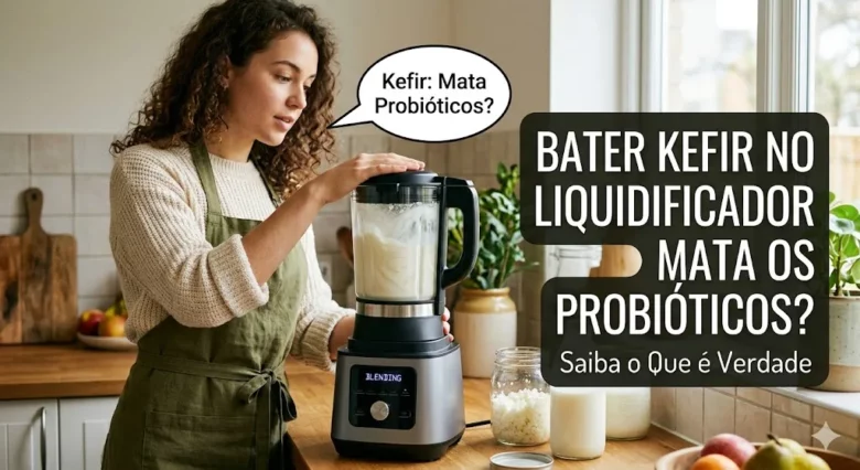 Bater Kefir no Liquidificador Mata os Probióticos? Saiba o Que é Verdade Mulher em uma cozinha usando um liquidificador com kefir, com balões de fala e texto questionando se bater mata os probióticos, ao lado de jarras com ingredientes de kefir e frutas.