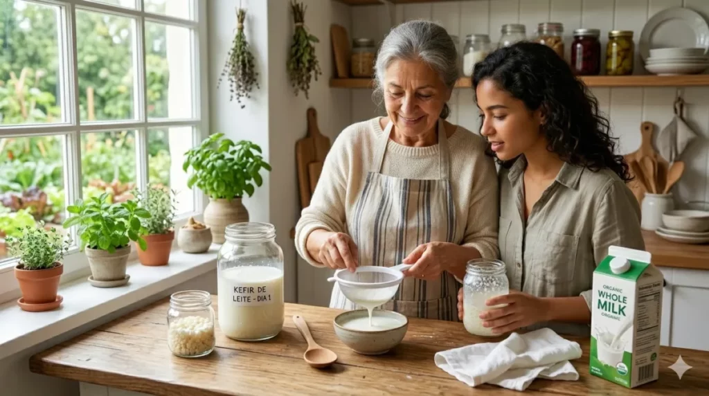 Uma mulher mais velha ensina uma jovem a cultivar Kefir de leite em uma cozinha iluminada, com potes de vidro e grãos visíveis, ilustrando o Guia de Transição Alimentar 2026