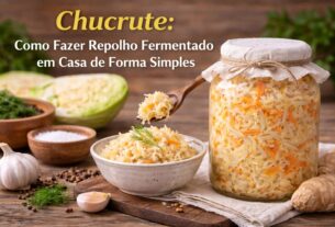 Pote de vidro grande e tigela cheios de chucrute caseiro sobre mesa de madeira, cercados por repolho, alho, gengibre e o título da receita no topo.