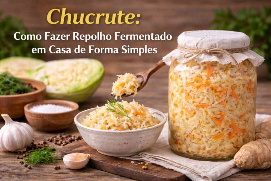 Pote de vidro grande e tigela cheios de chucrute caseiro sobre mesa de madeira, cercados por repolho, alho, gengibre e o título da receita no topo.