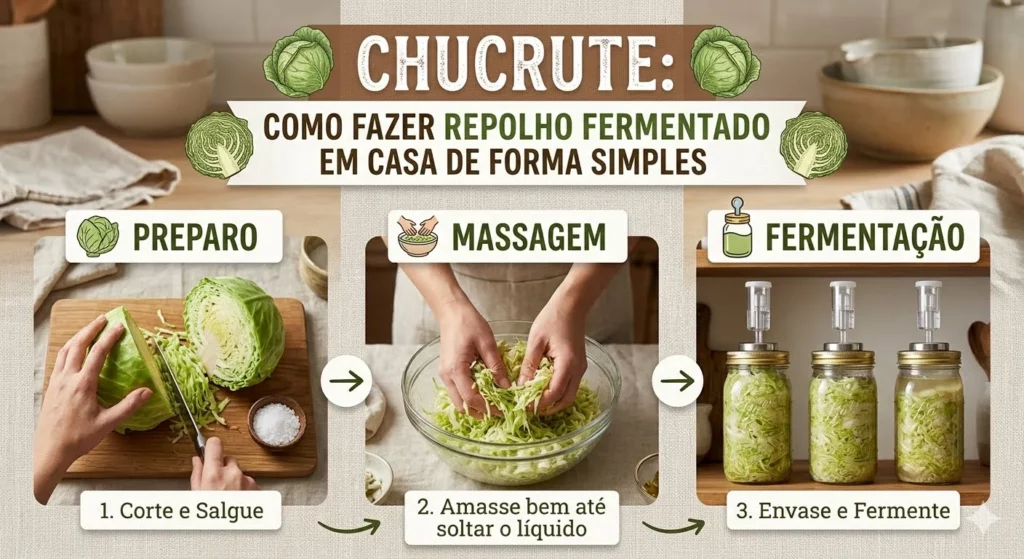 Infográfico dividido em três etapas sobre como fazer chucrute caseiro, mostrando o corte do repolho, a massagem com sal e os potes fermentando.