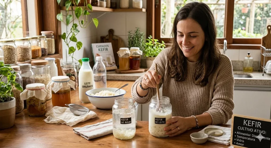 Mulher sorrindo na cozinha enquanto mexe kefir de leite em pote de vidro. Na bancada há kefir de água, leite orgânico e potes com panos protetores.