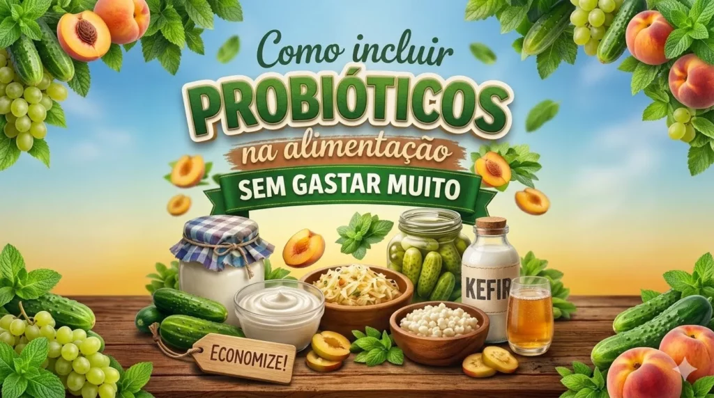 Banner horizontal com alimentos probióticos como kefir, iogurte e picles sobre mesa de madeira. No topo, o texto "Como incluir PROBIÓTICOS na alimentação