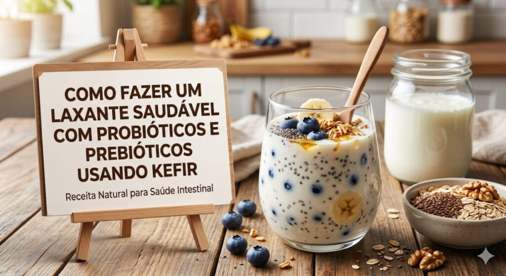Como fazer um Laxante Saudável com Probióticos e Prebióticos usando Kefir Preparo de laxante saudável com kefir, sementes de chia e mirtilos.
