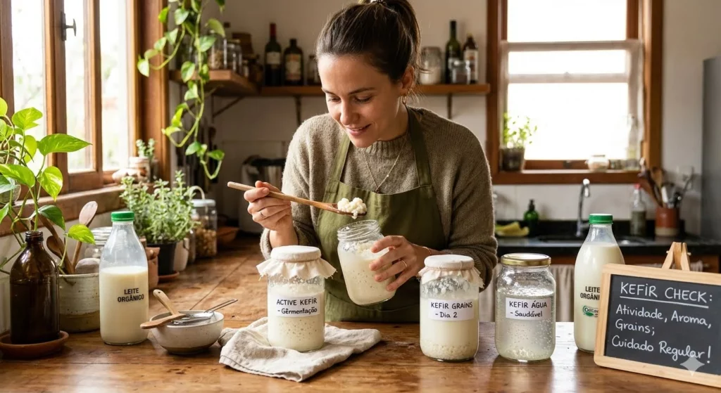 Mulher com avental verde cheira grãos de kefir em colher de madeira. Na bancada há potes rotulados de kefir saudável e uma lousa de monitoramento.