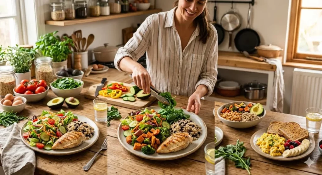 Mulher sorridente em cozinha rústica monta pratos saudáveis e coloridos com frango grelhado, salada, arroz integral e legumes frescos sobre a mesa.