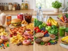 Imagem horizontal dividida ao meio mostrando de um lado alimentos ultraprocessados como pizza e hambúrguer, e do outro alimentos naturais e saudáveis como frutas e vegetais.