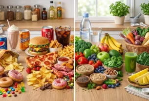 Imagem horizontal dividida ao meio mostrando de um lado alimentos ultraprocessados como pizza e hambúrguer, e do outro alimentos naturais e saudáveis como frutas e vegetais.