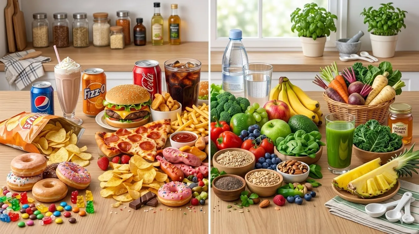 Imagem horizontal dividida ao meio mostrando de um lado alimentos ultraprocessados como pizza e hambúrguer, e do outro alimentos naturais e saudáveis como frutas e vegetais.