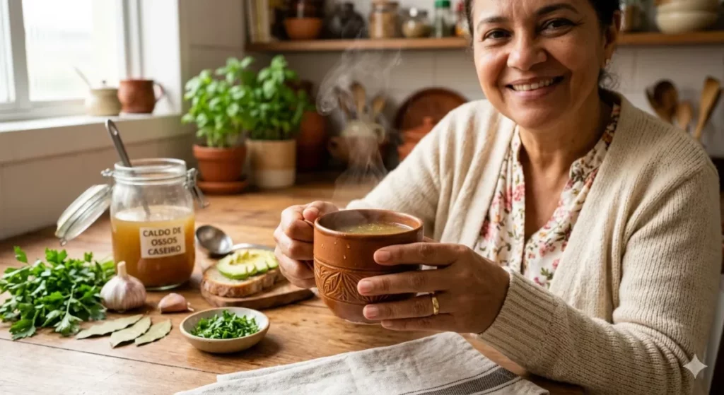 Uma mulher sorridente sentada à mesa da cozinha, segurando uma caneca de cerâmica fumegante com caldo de ossos. Ao fundo, um pote de vidro rotulado 'CALDO DE OSSOS CASEIRO', acompanhado de ingredientes frescos como salsinha, alho e louro, além de uma torrada com abacate.