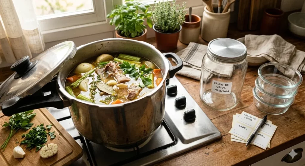 Preparo de caldo de ossos caseiro em panela de pressão com legumes frescos e organização de potes para armazenamento.