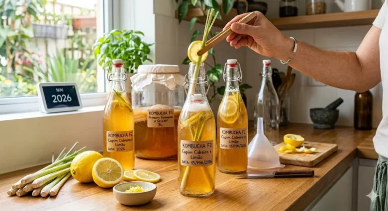 Garrafas de vidro flip-top com kombucha saborizada F2 de capim-cidreira e limão em uma bancada de cozinha, com jarras de fermentação ao fundo, limões cortados e ramos frescos da erva.