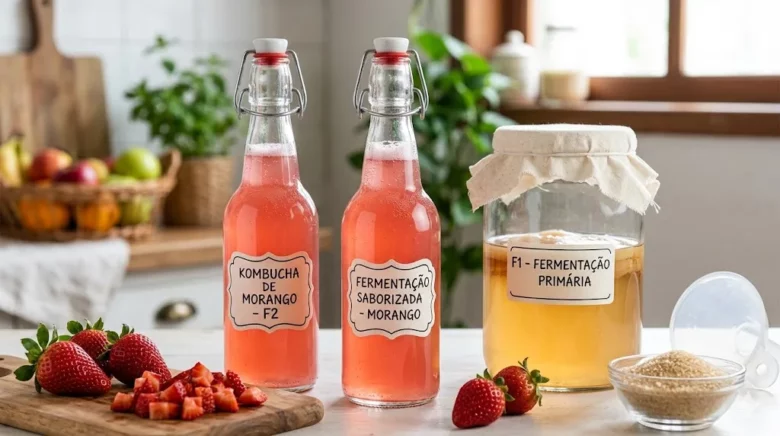 Uma mesa de madeira rústica cheia de alimentos fermentados artesanais com rótulos em português, como repolho roxo fermentado, quimchi de acelga e nabo, cenouras com endro e vinagre de maçã. 