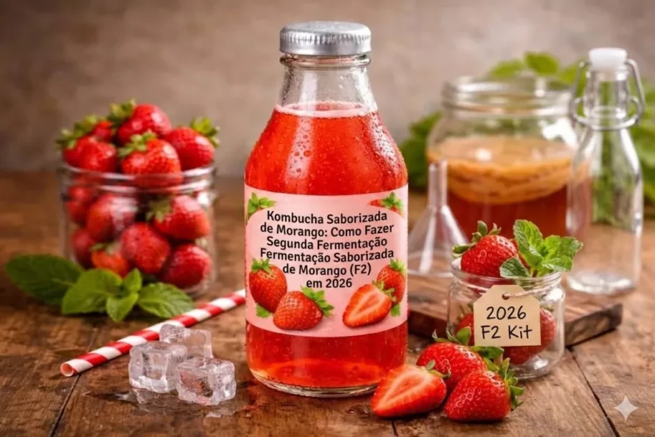 Garrafa de kombucha de morango com rótulo descritivo sobre mesa de madeira, cercada por morangos frescos, cubos de gelo e potes de vidro.