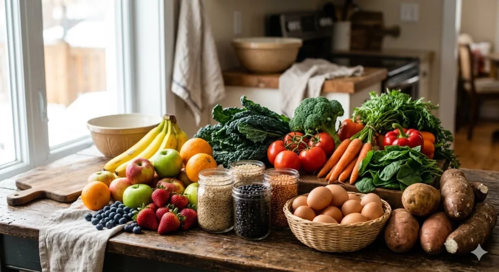 Variedade de alimentos naturais sobre mesa rústica de madeira, incluindo bananas, maçãs, morangos, tomates, cenouras, ovos em cesta, tubérculos e grãos em potes de vidro.