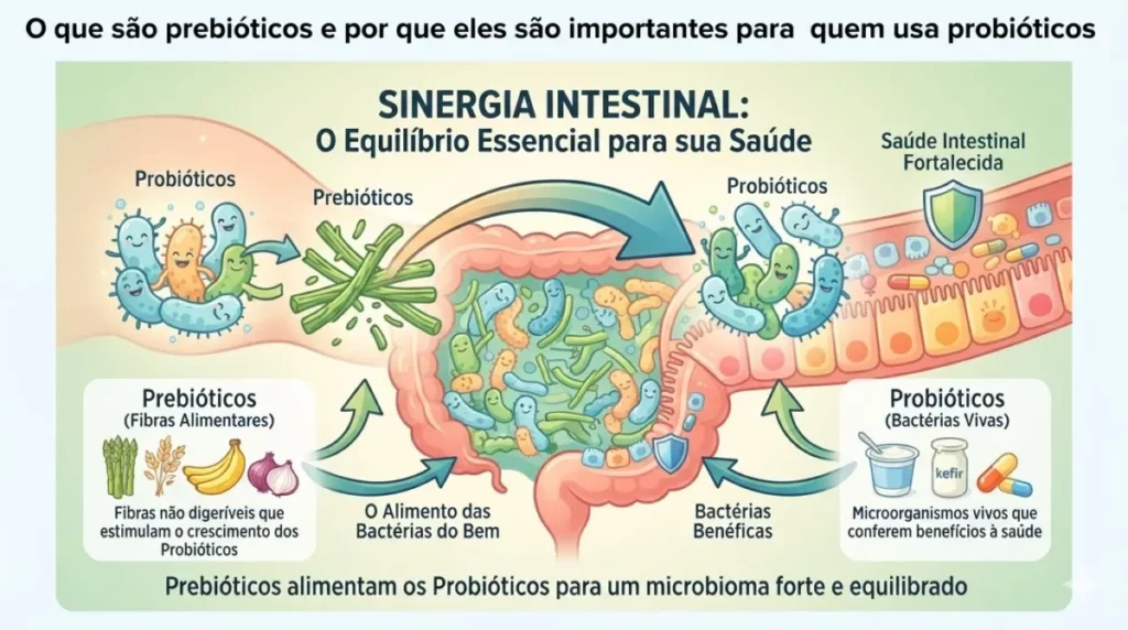 Infográfico sobre sinergia intestinal mostrando como fibras prebióticas alimentam bactérias probióticas do bem para fortalecer o sistema imunológico e equilibrar a microbiota.