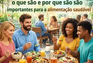 Quatro amigos sorridentes sentados ao redor de uma mesa de madeira ao ar livre, comendo refeições saudáveis com frutas, saladas e uma garrafa de kefir natural.
