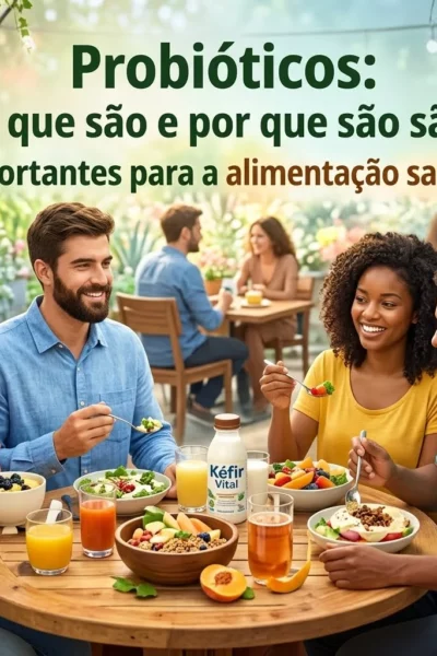 Quatro amigos sorridentes sentados ao redor de uma mesa de madeira ao ar livre, comendo refeições saudáveis com frutas, saladas e uma garrafa de kefir natural.