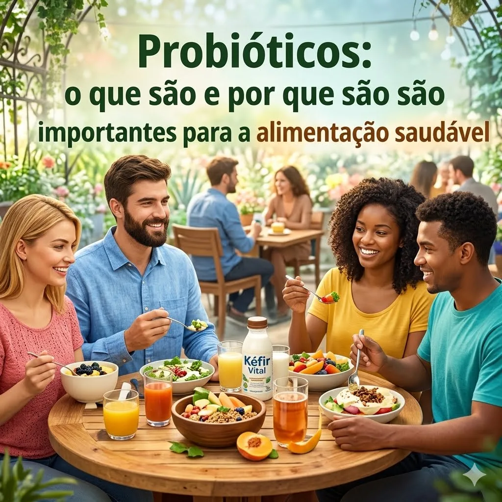 Quatro amigos sorridentes sentados ao redor de uma mesa de madeira ao ar livre, comendo refeições saudáveis com frutas, saladas e uma garrafa de kefir natural.