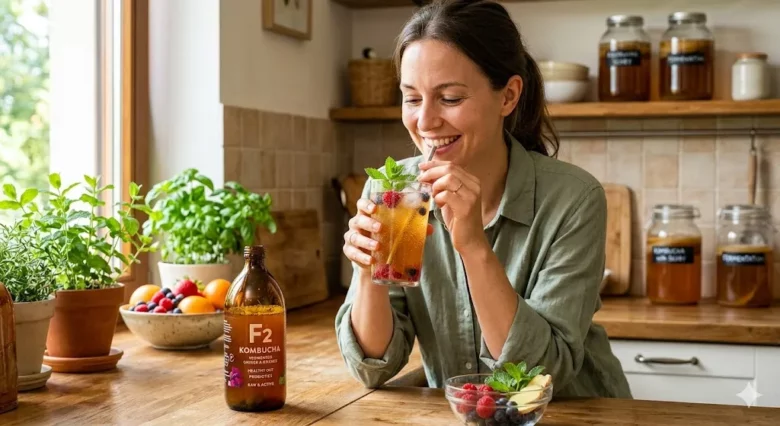 Uma garrafa de vidro marrom de 'F2 KOMBUCHA', com rótulo detalhado em português, está no centro, sobre um descanso de madeira. Frutas silvestres (amoras e framboesas) e raiz de gengibre estão espalhadas ao redor dela.