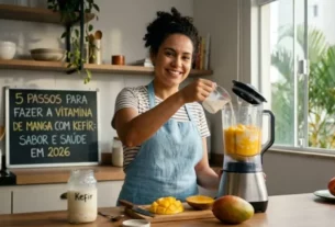 Vitamina de Manga com Kefir Imagem mostra uma pessoa na cozinha fazendo suco de manga com kefir