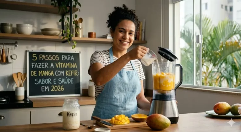Vitamina de Manga com Kefir Imagem mostra uma pessoa na cozinha fazendo suco de manga com kefir