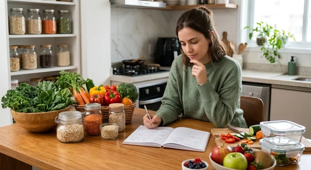 Uma jovem concentrada escreve em um caderno de planejamento sobre a bancada da cozinha, rodeada por vegetais frescos, frutas, potes de grãos e recipientes de vidro.