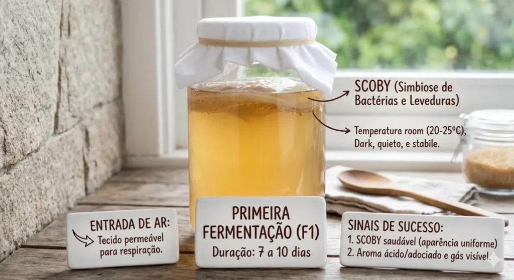 Infográfico com pote de vidro de kombucha na primeira fermentação (F1). Placas de cerâmica explicam o SCOBY, tempo de 7 a 10 dias e a entrada de ar pelo pano.