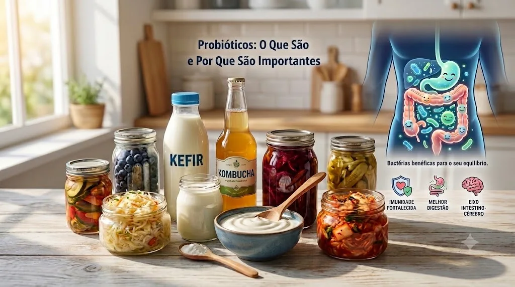 Como incluir probióticos e prebióticos. Potes de vidro com alimentos fermentados como kefir, kombucha, kimchi e chucrute organizados em uma bancada de madeira, com infográfico do sistema digestivo.