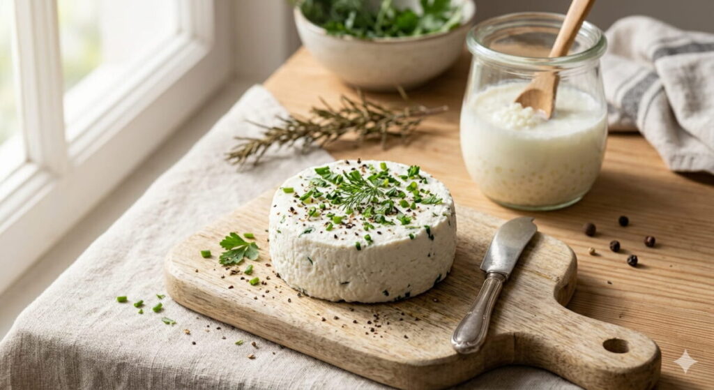Como fazer Queijo Fresco com Kefir: Um tipo de queijo Probiótico em 2026 queijo de kefir artesanal sobre tábua de madeira.