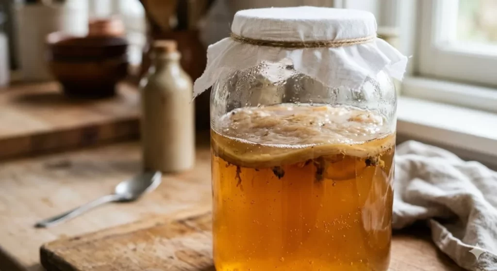 SCOBY (Cultura Simbiótica Entre Bactérias e Leveduras) no Kombucha Close de um pote de vidro com chá de kombucha. No topo do líquido, flutua um SCOBY saudável, que é um disco gelatinoso e bege de bactérias e leveduras