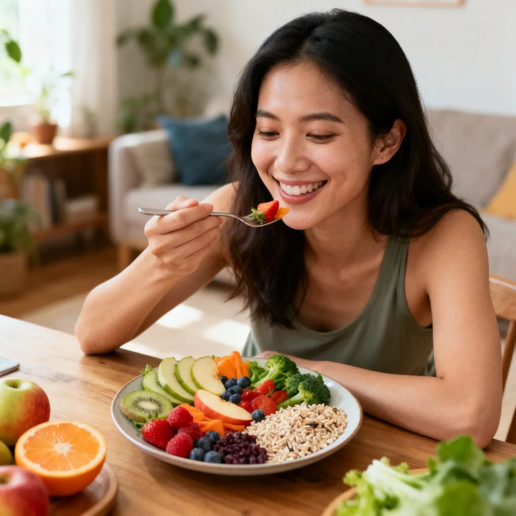 Como Ter uma Alimentação Saudável sem Dietas Restritivas: É possível? Mulher sorrindo sentada mesa comendo um prato com sabor saudável
