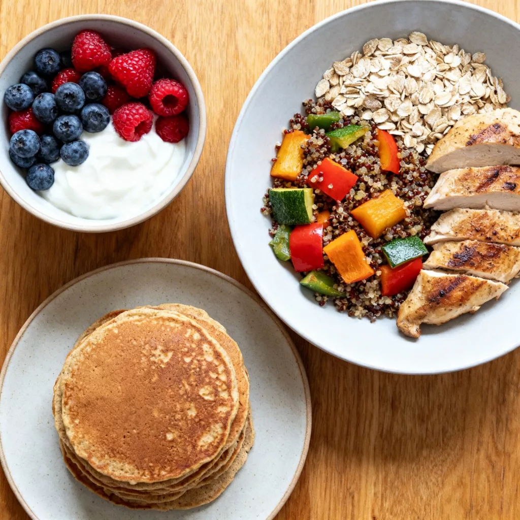 Como Ter uma Alimentação Saudável sem Dietas Restritivas: É possível? Imagem vista de cima de uma mesa com pratos simples e saudáveis.
