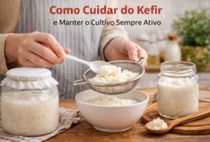 Mãos usam colher branca e peneira para coar grãos de kefir sobre tigela. Há potes de vidro com a bebida e o título Como Cuidar do Kefir na imagem.