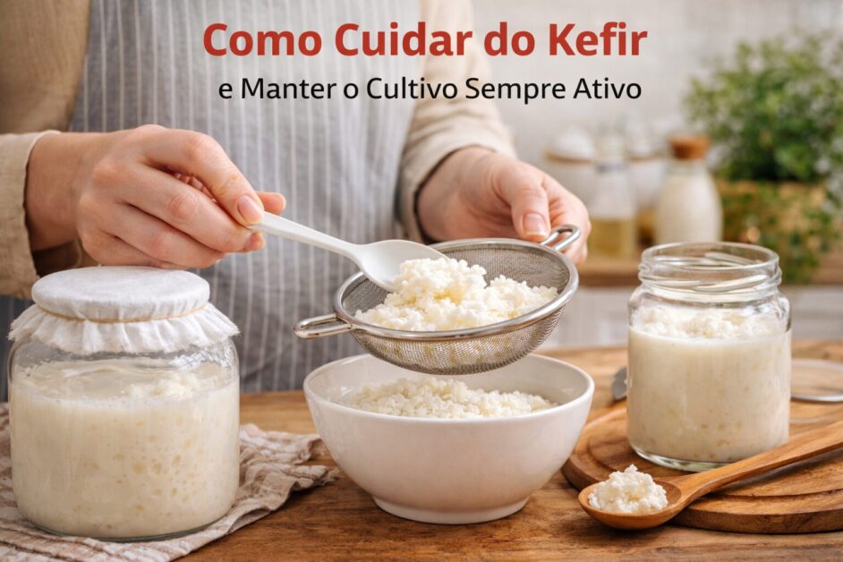 Mãos usam colher branca e peneira para coar grãos de kefir sobre tigela. Há potes de vidro com a bebida e o título Como Cuidar do Kefir na imagem.