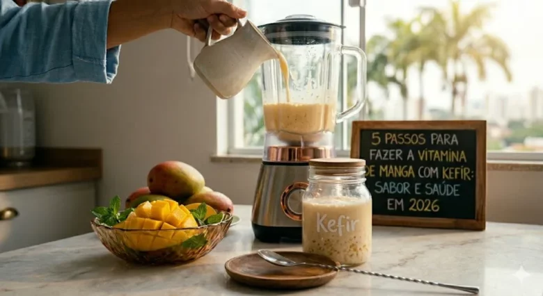 Preparando suco de manga com kefir em casa