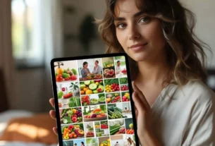 Mulher segurando um tablet que exibe um feed de fotos com vegetais, saladas e pessoas cozinhando em uma alimentação saudável.