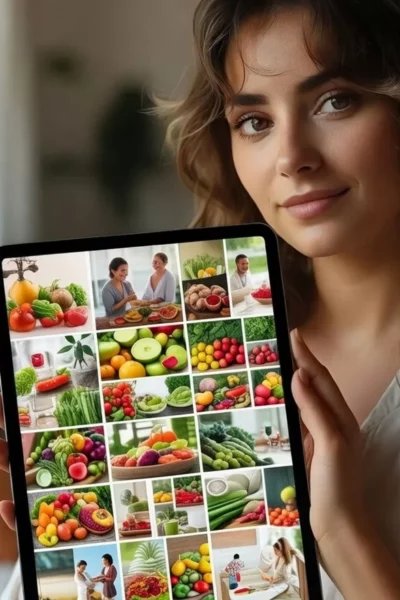 Mulher segurando um tablet que exibe um feed de fotos com vegetais, saladas e pessoas cozinhando em uma alimentação saudável.