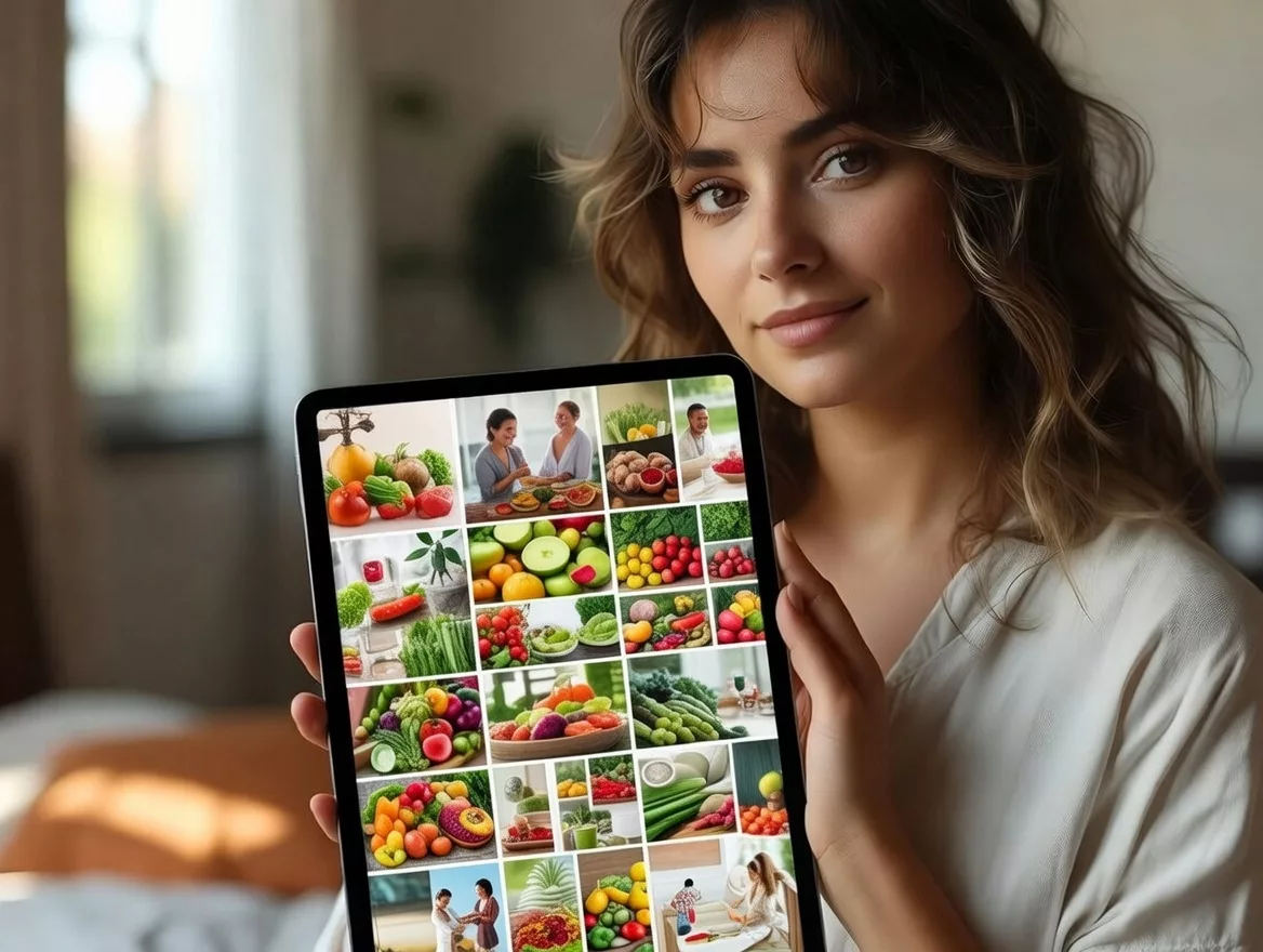Probióticos: O Guia Completo Como Escolher e Consumir para a Saúde Intestinal em 2026 Mulher segurando um tablet que exibe um feed de fotos com vegetais, saladas e pessoas cozinhando em uma alimentação saudável.