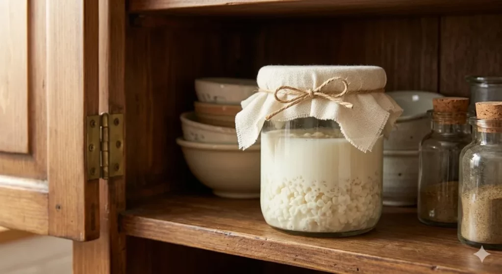 Como Cuidar do Kefir de Leite: Guia Passo a Passo 2026 Ambiente escuro e protegido para fermentar o kefir de leite.