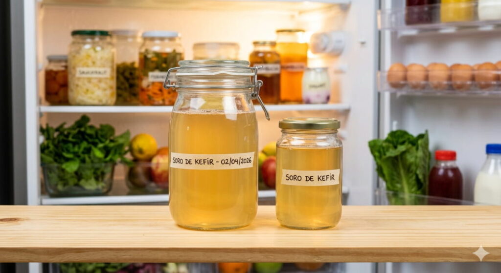 Como Fazer e Utilizar o Soro do Kefir: Guia de Aproveitamento Total em 2026 Armazenamento de soro do kefir em frascos de vidro na geladeira