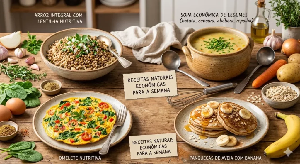 Um banquete rústico e natural em uma mesa de madeira. A imagem apresenta quatro pratos deliciosos e saudáveis: arroz integral com lentilha, sopa cremosa de legumes, uma omelete vibrante com vegetais e panquecas fofinhas de aveia e banana.