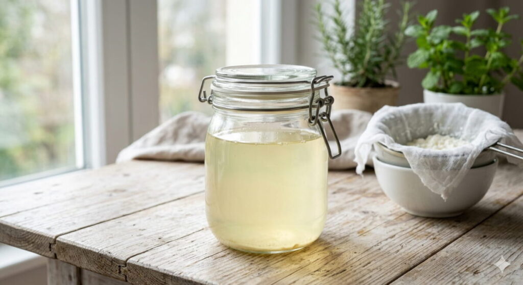 Como Fazer e Utilizar o Soro do Kefir: Guia de Aproveitamento Total em 2026 Frasco de vidro com soro de kefir translúcido sobre mesa de madeira
