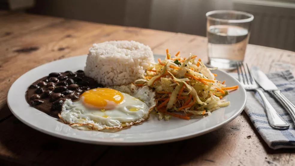Alimentação Natural Barata: Como Comer Bem Gastando Pouco em 2026 receita-1-Arroz-com-Feijao-Ovo-e-Legumes-Refogados