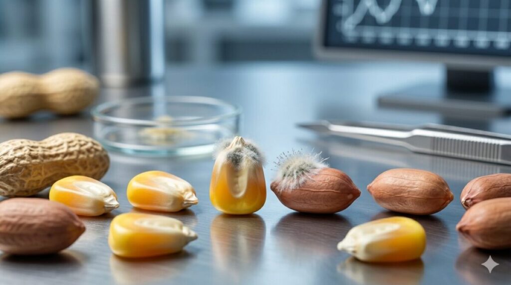 Intoxicação por Micotoxinas: Sintomas, Prevenção e Guia para uma Alimentação Natural Segura Close-up macro de grãos de milho e amendoim em um ambiente de laboratório, mostrando sinais sutis de mofo branco (fungos) sendo examinados no microscópio