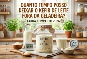 Vidro de kefir de leite fermentando sobre mesa de madeira com termômetro marcando 23 graus e relógio marcando 24 horas em uma cozinha.